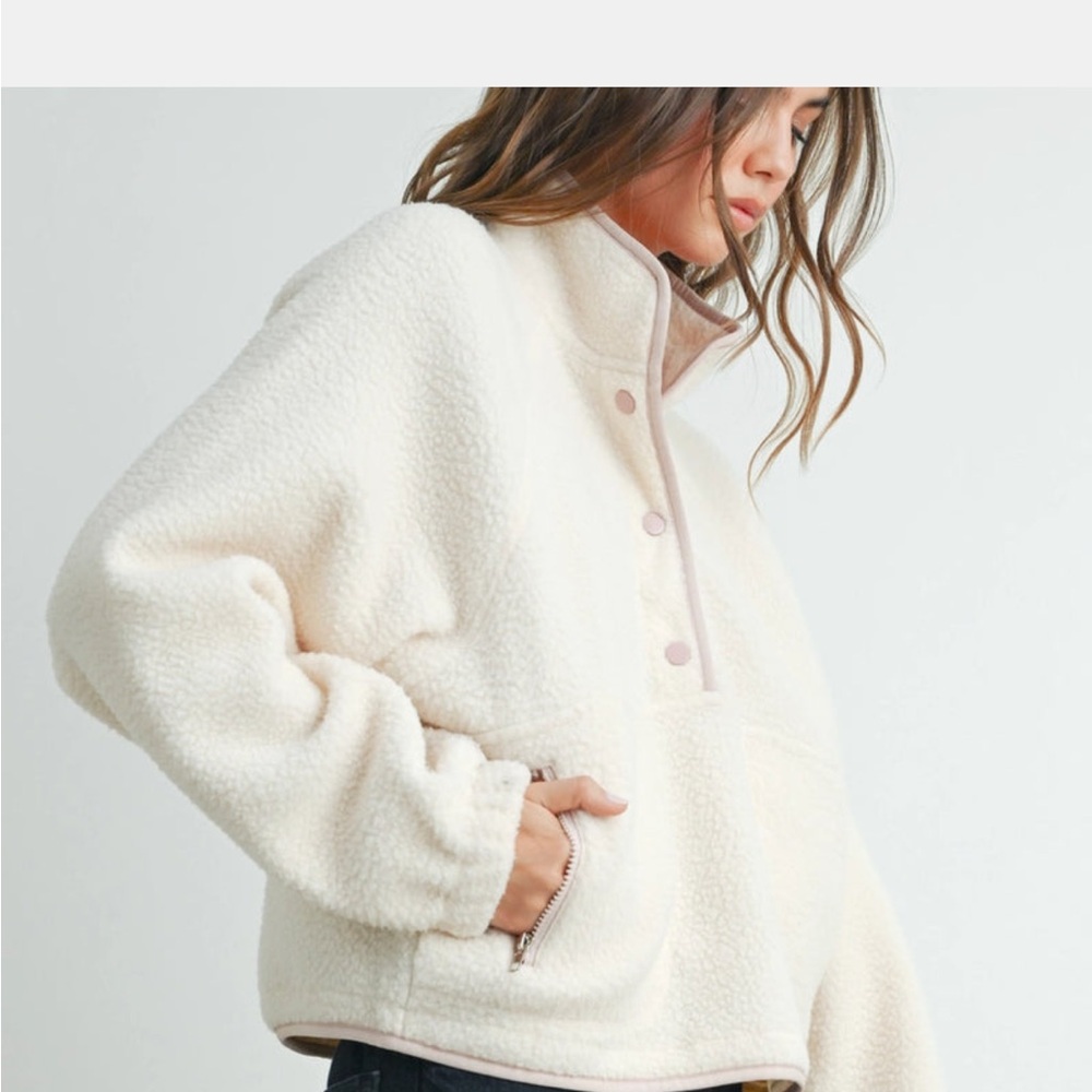 Butter Melon Grey/pink Teddy Jacket with High Collar and fleece/sherpa Texture.